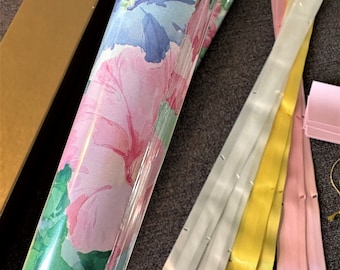 Vintage roze petunia inpakpapierset: cadeaupapier met bloemen, notitiekaarten en linten
