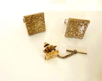 Fenwick & Sailors Cufflink and Tie Tack Set, Brutalist Design, Gold Vermeil Over Sterling, 1960's