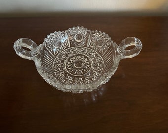 Clear Double Ring Handle Sawtooth Glass Bowl For Nuts, Candy, Jewelry, Keys 6 in Diam. Bowl Pressed Glass Bowl Star Design Side Handle 1930s