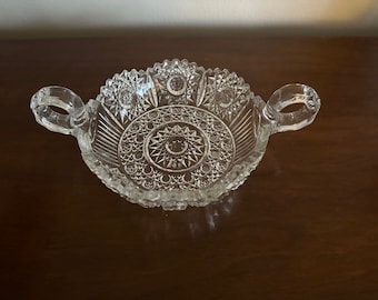 Vintage Pressed Glass Bowl: Sawtooth Edge, Star Design, Double Ring Handles
