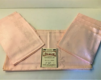 Juego de manteles vintage de damasco rosa: Bardwil Grandeur, 8 servilletas, años 50