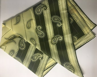 1960s Vintage Paisley Scarf - Olive Green & Yellow - Made in Japan