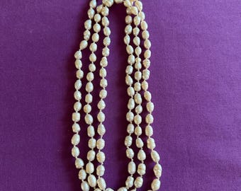 Long Vintage Natural Pearl Beads, Necklace 52 in. long, Single Strand, 8 mm, 76 g,  Ringed Pearls, Baroque