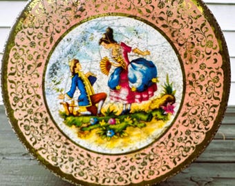Vintage Victorian Couple Tin: Gold & Pink Round Storage Container