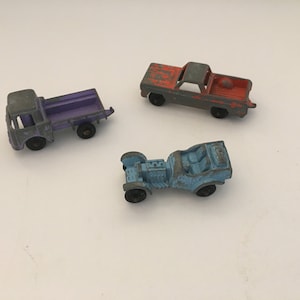 3 Vintage Tootsie Toys: Diecast Miniature Red Truck, Blue Roadster w/Barrel Tank, Purple Jeep Toy Cars/Trucks  Tootsie Toys  Diecast cars