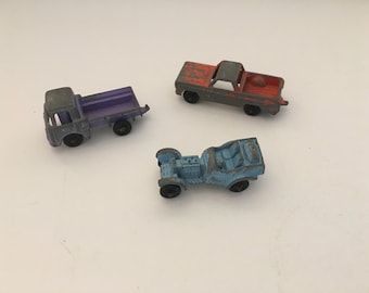 3 Vintage Tootsie Toys: Diecast Miniature Red Truck, Blue Roadster w/Barrel Tank, Purple Jeep Toy Cars/Trucks  Tootsie Toys  Diecast cars