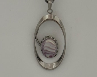 Agate Purple/White Pendant, Silver Toned Oval Shaped, MCM Necklace with 18" SS chain