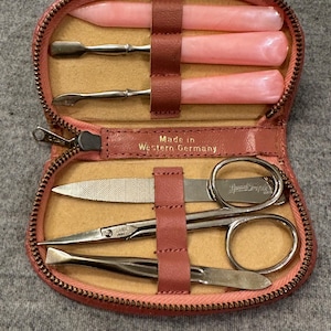 Pink Leather Nail Kit 1970s Zippered Case w/6 Tools: Scissors, Tweezers, Nail File, Cuticle Pushers Travel Manicure Set Made in West Germany
