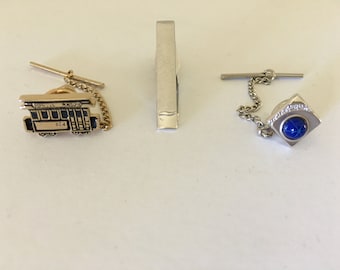 Vintage SWANK Tie Clip & Tacks Set: Cable Car, Blue Stone, Silver Tone