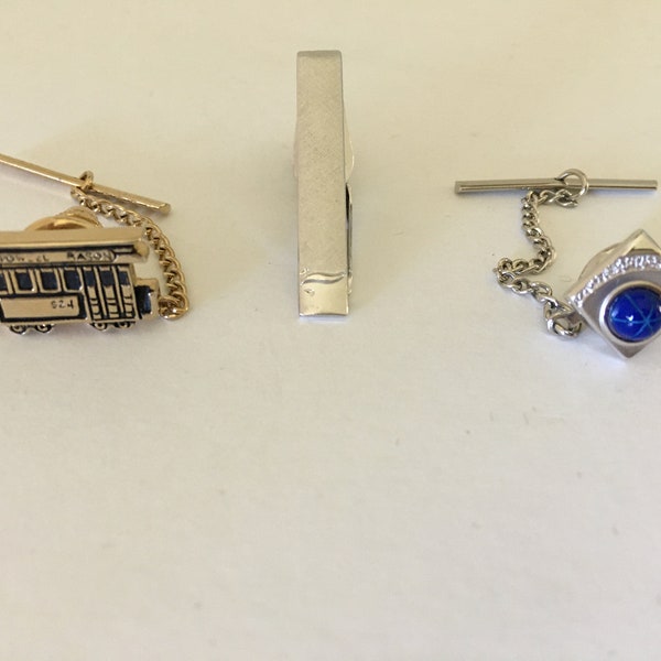 SWANK Men's Tie Tacks/Tie Clips 1950's ~ 3 pieces - Silver Tie Clip, Tie Tack Powell Mason Cablecar, Silver Square Tie Tack Blue Stone