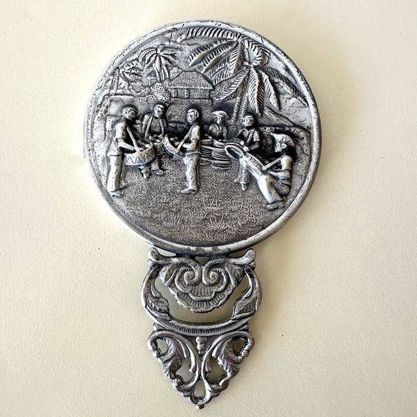 Vintage Mirror Purse Mirror Silverplate Tropical Steel Drum Band Scene from 1970's Made in Denmark Small Handheld Mirror