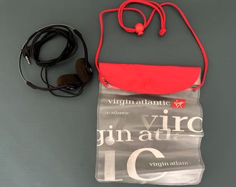 Trousse de toilette vintage Virgin Atlantic, sac en vinyle et écouteurs