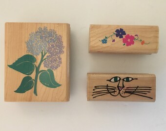 Sello de bloque de estampida de caucho vintage: hortensia, cara de gato, floral