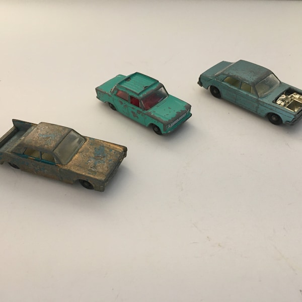 3 Vintage Lesney Toy Cars 1960's  Blue Lincoln Continental No. 31, Green Fiat 1500 No. 56, Aqua Ford Zodiac MKIV, No. 53  Diecast cars