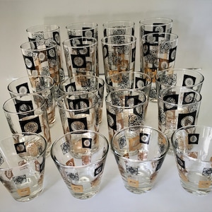 Juego de 60 copas de vino con medallón de oro y negro de mediados de siglo de Federal Glass, 60 piezas en total, copas de vino MCM en negro y dorado, 60 copas