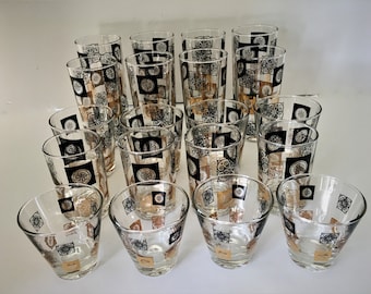 Juego de cristalería vintage Federal Glass: Medallón negro y dorado, 60 piezas, MINT