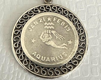 Vintage Sterling Silver Aquarius Zodiac Pendant/Charm, Filigree Edge, 1 1/4" Diameter