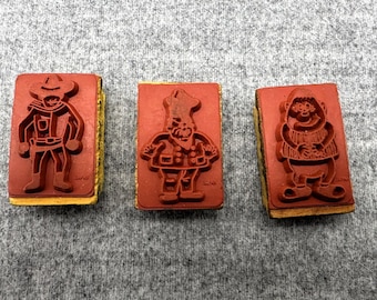 Sello de goma vintage de madera: Chef, Vaquero, Chico Tonto, Hecho en Japón