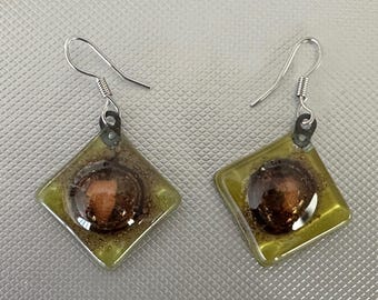 Dichroic Glass Green/Brown Drop Earrings 3/4 in. Square Wire Hook