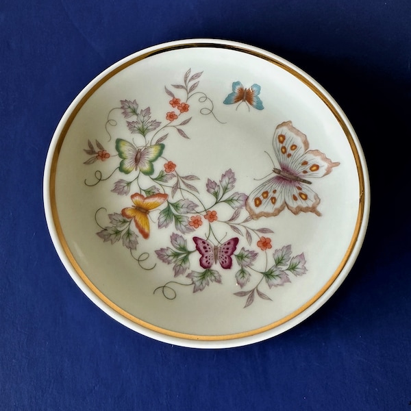 Vintage Avon Butterfly Porcelain Plate Trinket Dish Jewelry Tray 1979, Avon Collector Plate, Butterflies, Flowers, Gold Trim, 4 in. Diam.
