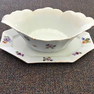 Antique Furstenberg Porcelain Gravy Boat: Octagonal Floral Dish
