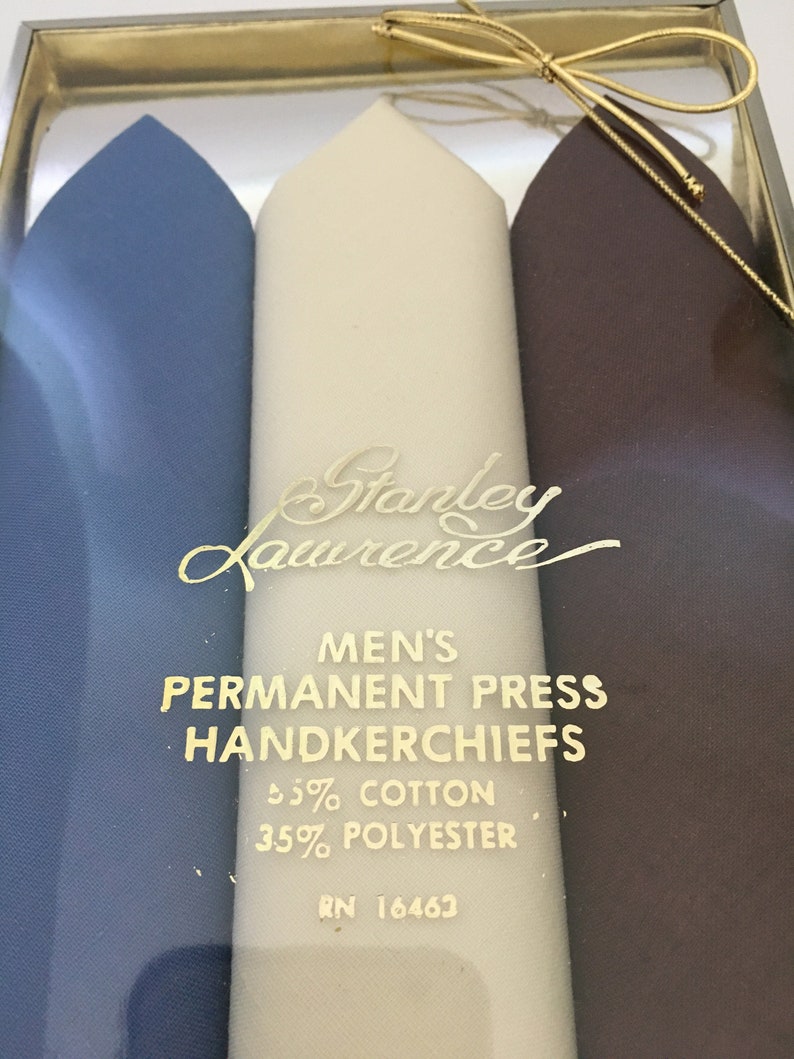 1950-60/'s Stanley Lawrence Men/'s Handkerchiefs SET of 3 ~ NEW in BOX ~ CottonPolyester ~ Blue Brown ~ Men/'s Handkerchief Set of 3 Beige