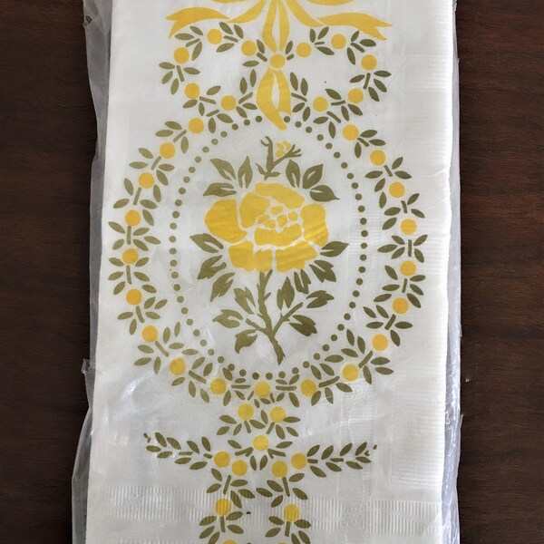 Guest Towels by Monogram ~ Vintage Paper Guest Towels or Dinner Napkins ~ Pkg of 20 ~ Yellow Flower and Ribbon 1970's NIP