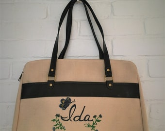 Vintage Canvas Tote Bag: Hand-Painted "Ida", Navy Vinyl Straps