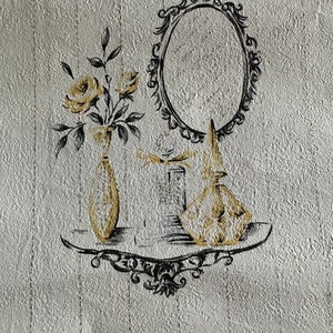 Vintage Wallpaper Scrap 1950&#39;s Boudoir Scene Perfume Bottles White Textured Vinyl w/Paper Cloth Backing Scrap 40&quot; long x 26 1/4&quot; wide