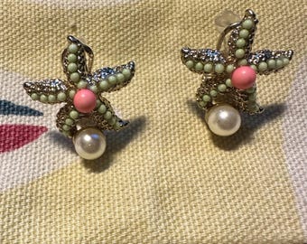 Starfish Earring with Pearl and mini mint green and coral beads, Stud clip back