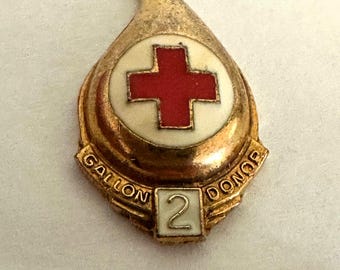 Vintage American Red Cross 2 Gallon Donor Pin, Gold-Plated Enamel