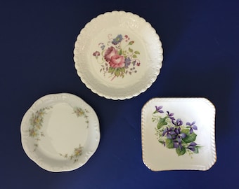 Plato de baratijas de porcelana china vintage: bandeja floral para anillos, posavasos