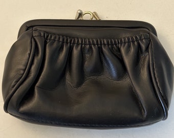 Black Vinyl MCM Wallet/Purse with Kiss Lock Clasp 1970's Change Purse with Snap Close 2 Outside Pockets, 2 Sections, 1 Inside Zipper Pocket