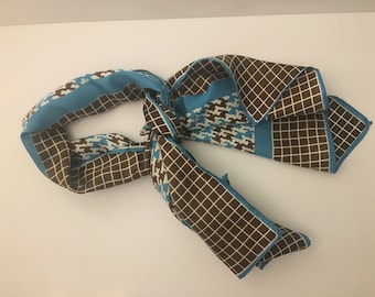 Vintage Houndstooth Scarf: Blue Brown White Acetate, Made in Japan