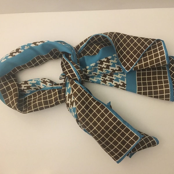 Gorgeous 1960-1970's Houndstooth Scarf Blue Brown White 15 1/4 in x 42 in Acetate Rolled Hems  Made in Japan  Vintage Houndstooth Blue Scarf