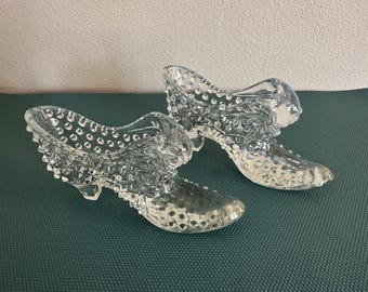 Zapatilla vintage de cristal transparente con cabeza de gato, juego de 2, década de 1950, bonito jarrón con forma de capullo.