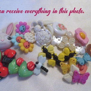 Brightly Colored Plastic Buttons: Flowers, Bugs, Cherries