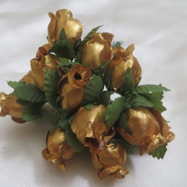 Tiny Shiny Gold Fabric Roses With Wire Stems for Card Creating / Scrapbooking / DIY Wedding / Junk Jounals / Christmas Wrapping