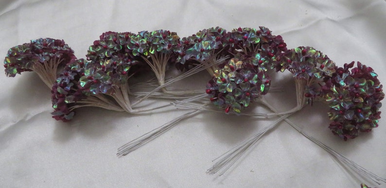 Tiny Burgundy Iridescent Fabric Flowers with Red Bead Centers With Wire Stems for Card Creating/ Scrapbooking / DIY Wedding / Craft Supplies image 8