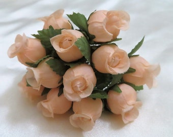 Tiny Soft Peach Color Fabric Roses With Wire Stems for Card Creating / Scrapbooking / DIY Wedding / Junk Jounals / Christmas Wrapping