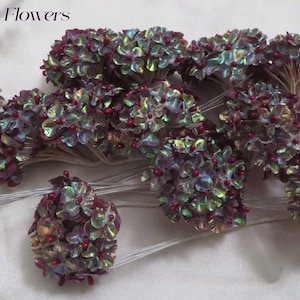 Tiny Burgundy Iridescent Fabric Flowers with Red Bead Centers With Wire Stems for Card Creating/ Scrapbooking / DIY Wedding / Craft Supplies image 1