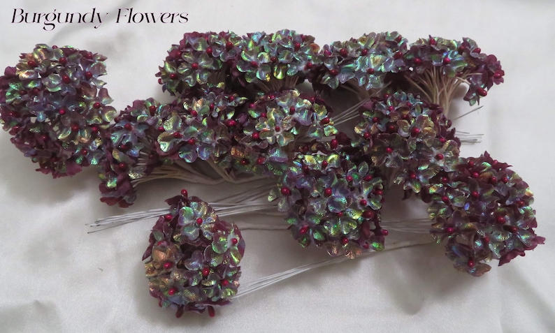 Tiny Burgundy Iridescent Fabric Flowers with Red Bead Centers With Wire Stems for Card Creating/ Scrapbooking / DIY Wedding / Craft Supplies image 1