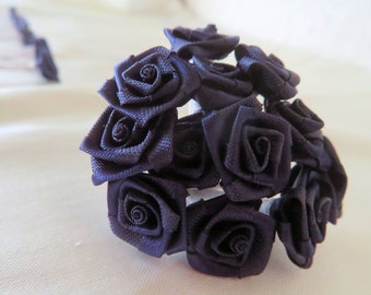 Tiny Dark Navy Fabric Roses With Wire Stems for Card Creating/ Scrapbooking / DIY Wedding / More Colors Available