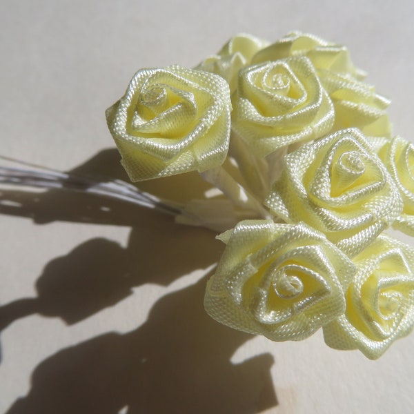 Tiny Pale Yellow Colored Fabric Roses With Wire Stems for Card Creating, Scrapbooking, DIY Wedding / More Colors Available