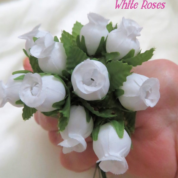 Tiny White Fabric Roses With Wire Stems for Card Creating / Scrapbooking / DIY Wedding / Junk Jounals / Christmas Wrapping