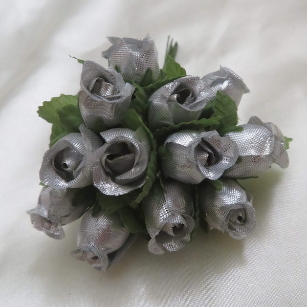 Tiny Shiny Silver Fabric Roses With Wire Stems for Card Creating Scrapbooking DIY Wedding Junk Journals Christmas Wrapping Wedding Tags
