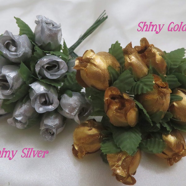 Shiny Silver & Shiny Gold Fabric Roses With Wire Stems Set Card Creating Scrapbooking DIY Wedding Junk Jounals Christmas Wrapping
