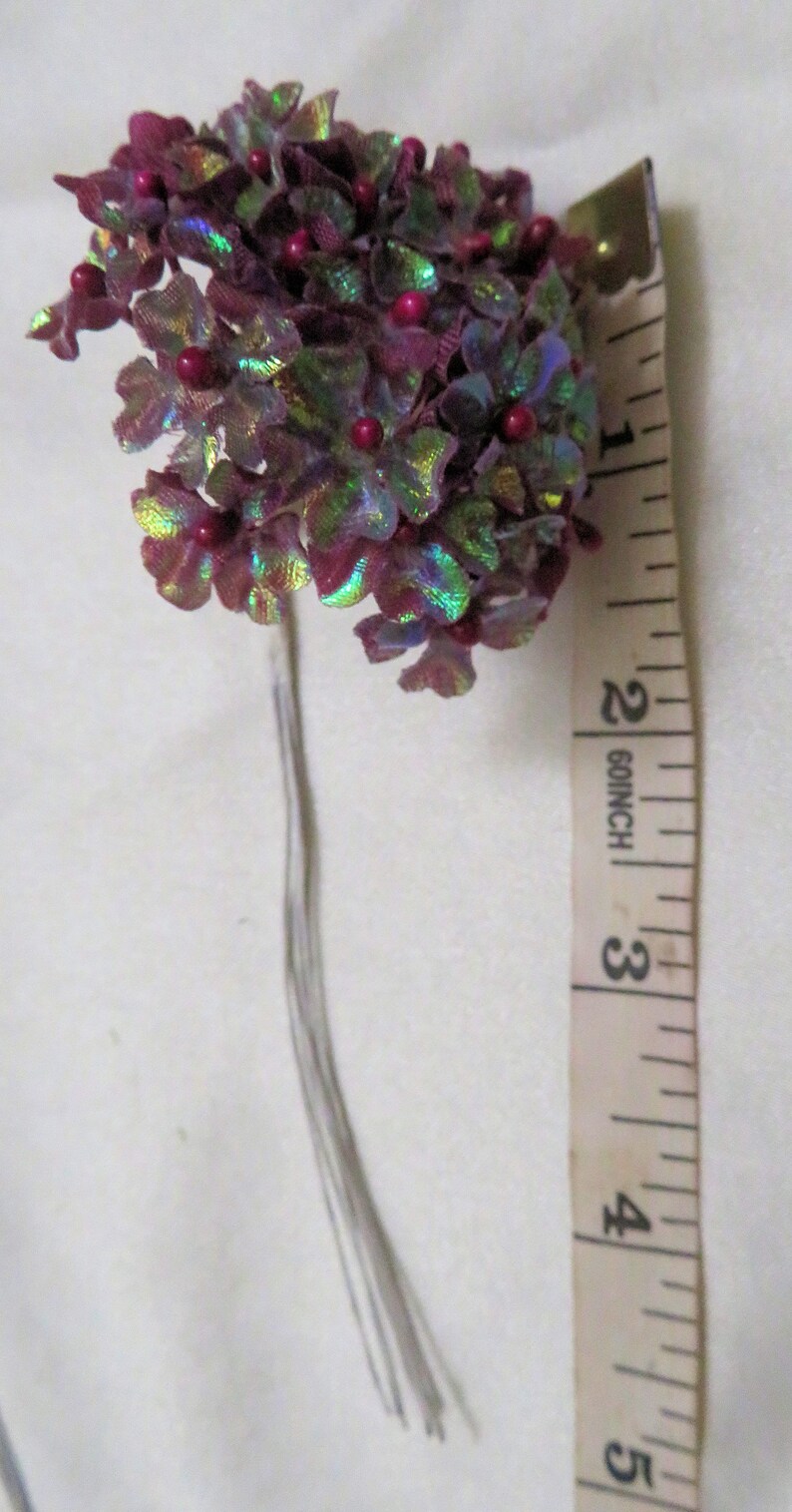 Tiny Burgundy Iridescent Fabric Flowers with Red Bead Centers With Wire Stems for Card Creating/ Scrapbooking / DIY Wedding / Craft Supplies image 7