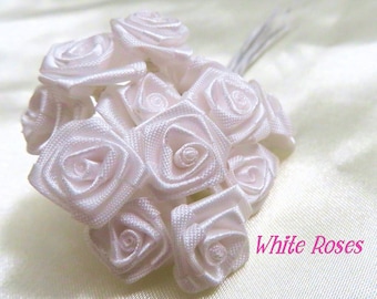 Tiny White Fabric Roses With Wire Stems for Card Creating/ Scrapbooking / DIY Wedding / More Colors Available