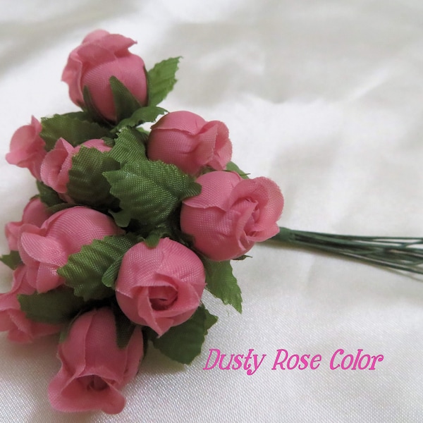 Tiny Dusty Rose Fabric Roses With Wire Stems for Card Creating / Scrapbooking / DIY Wedding / Junk Jounals / Christmas Wrapping